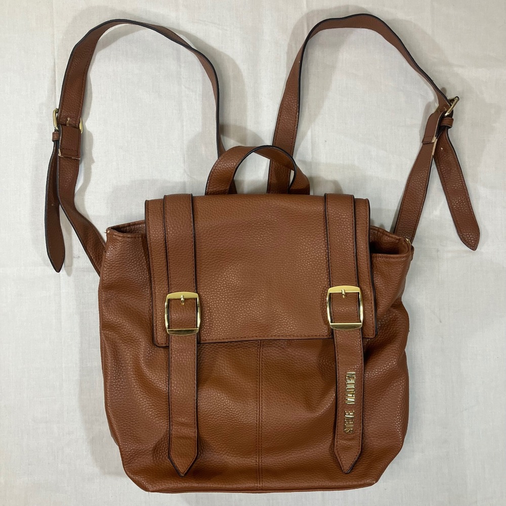 Steve Madden Cognac Brown Pebbled Faux Leather Flap Backpack Gold Hardware